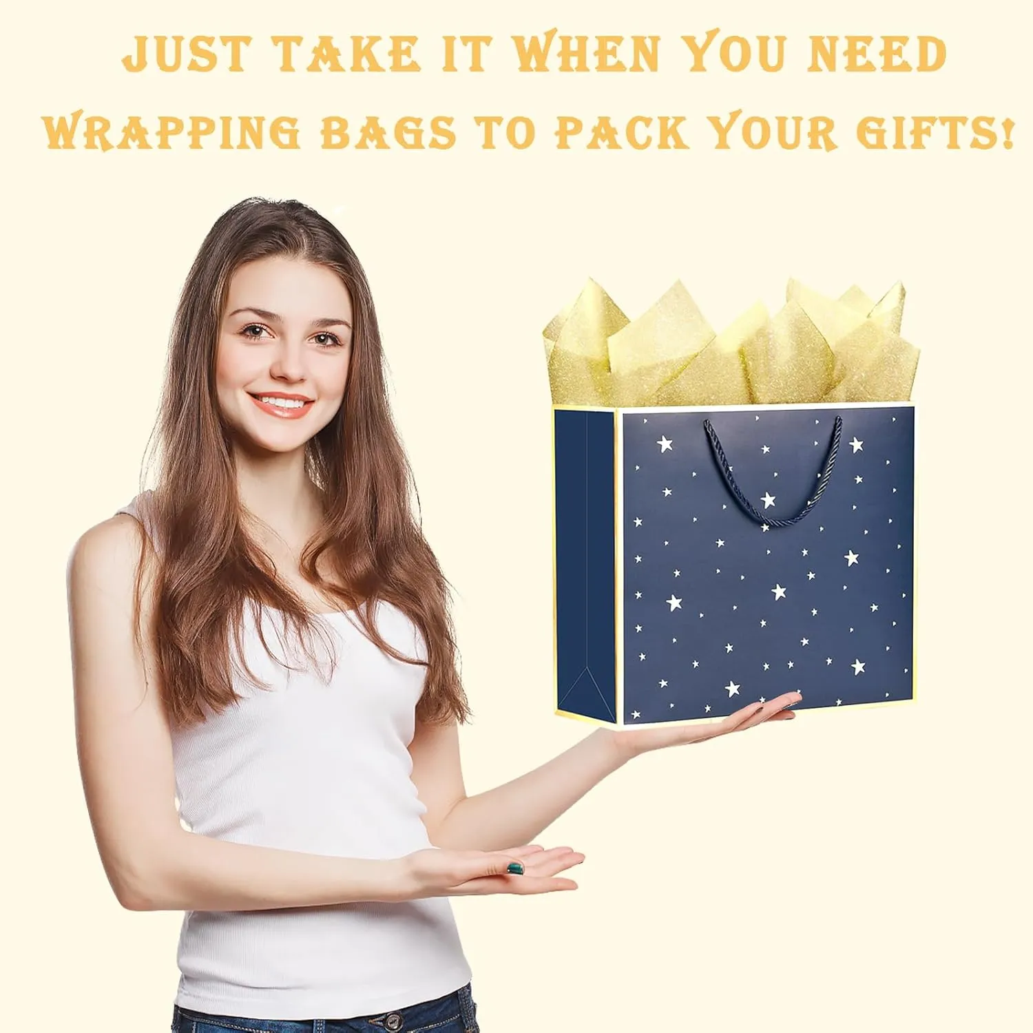 SHIPKEY 12 Pack Navy Star Gift Bags with Gold Frame, 12.5x4.5x11 Inches Large Paper Bag with Ribbon Handles, Star Shopping Bags (32x11.5x28 cm)
