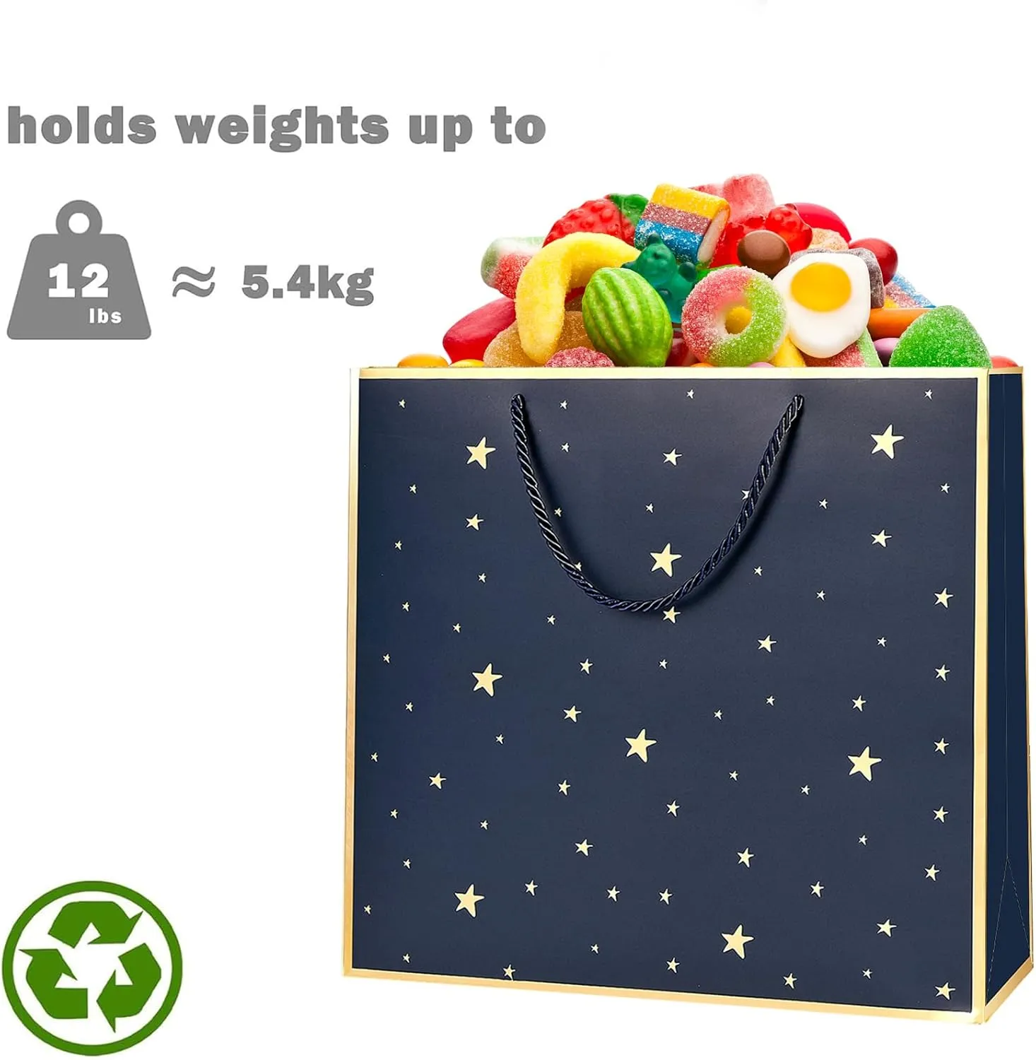 SHIPKEY 12 Pack Navy Star Gift Bags with Gold Frame, 12.5x4.5x11 Inches Large Paper Bag with Ribbon Handles, Star Shopping Bags (32x11.5x28 cm)