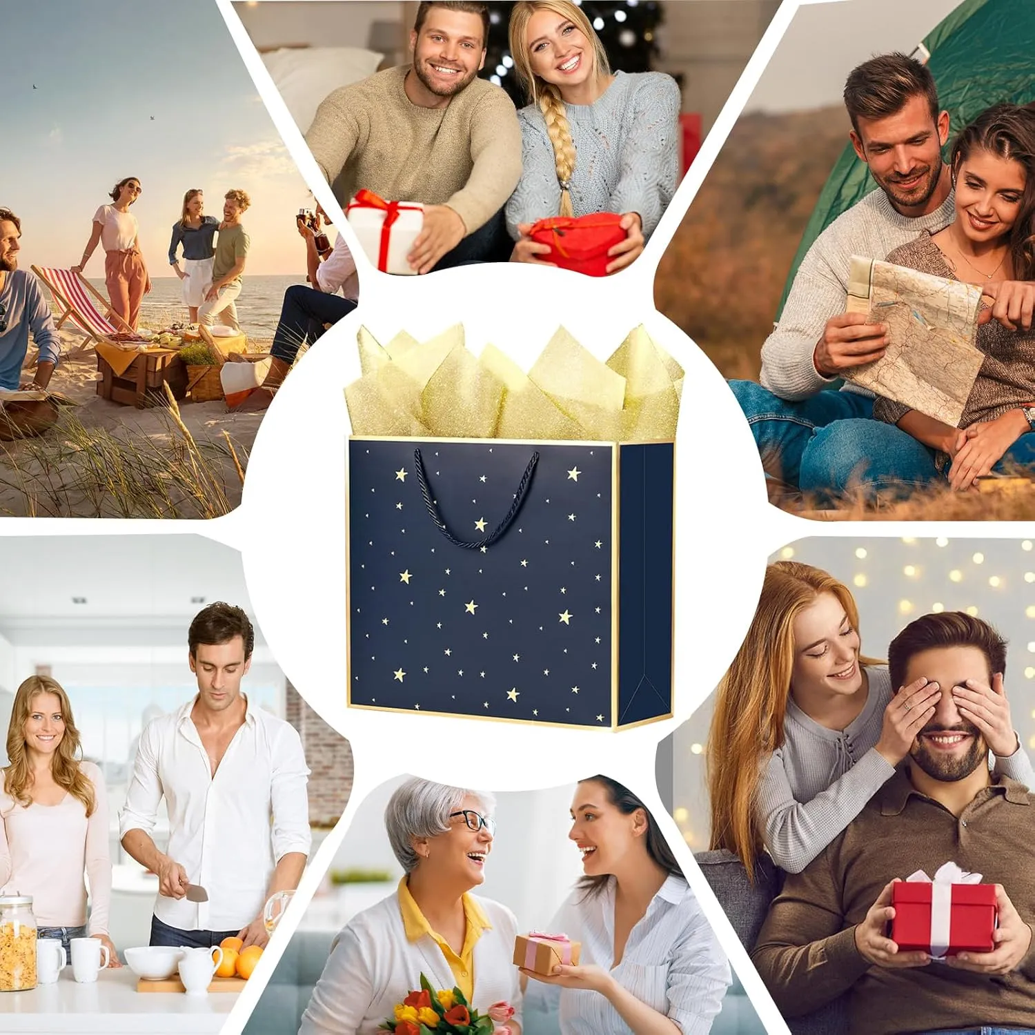 SHIPKEY 12 Pack Navy Star Gift Bags with Gold Frame, 12.5x4.5x11 Inches Large Paper Bag with Ribbon Handles, Star Shopping Bags (32x11.5x28 cm)