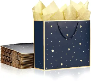 SHIPKEY 12 Pack Navy Star Gift Bags with Gold Frame, 12.5x4.5x11 Inches Large Paper Bag with Ribbon Handles, Star Shopping Bags (32x11.5x28 cm)