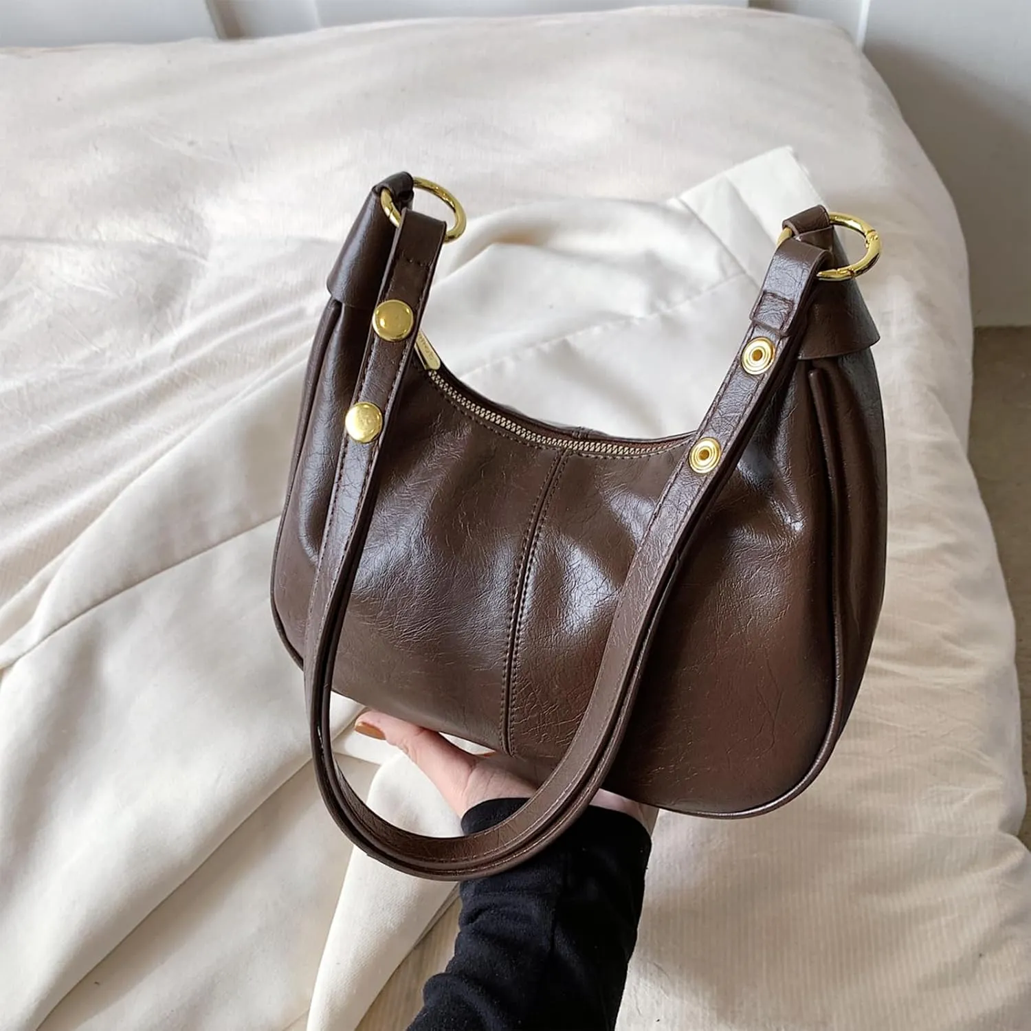 Shoulder Bags for Women Small Hobo Bags Crescent Shaped Cute Retro Tote Handbag Mini Clutch Purse with Zipper Closure