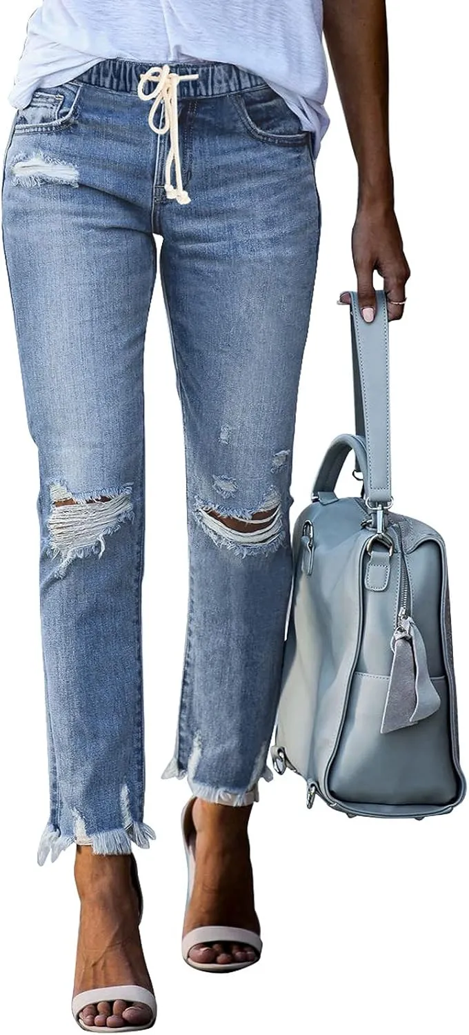 Sidefeel Women’s Cargo Jeans High Waisted Ripped Denim Joggers Elastic Drawstring Waist Pants Pull On Trousers