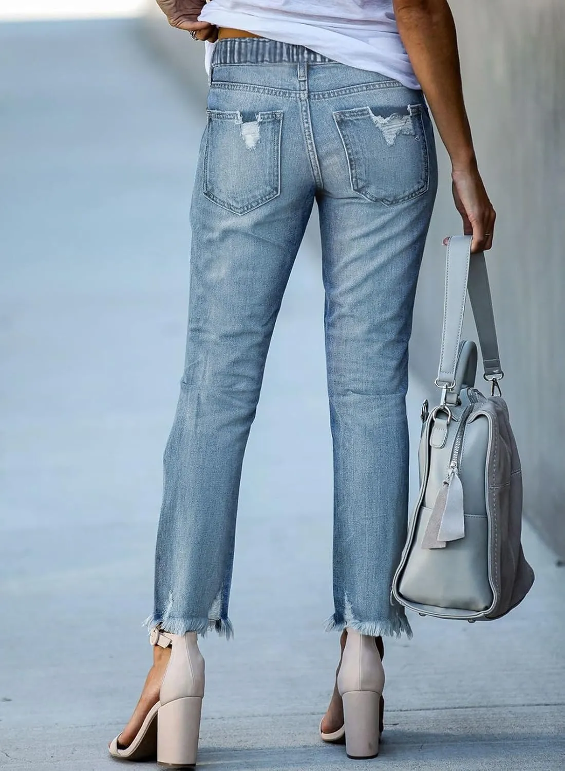Sidefeel Women’s Cargo Jeans High Waisted Ripped Denim Joggers Elastic Drawstring Waist Pants Pull On Trousers