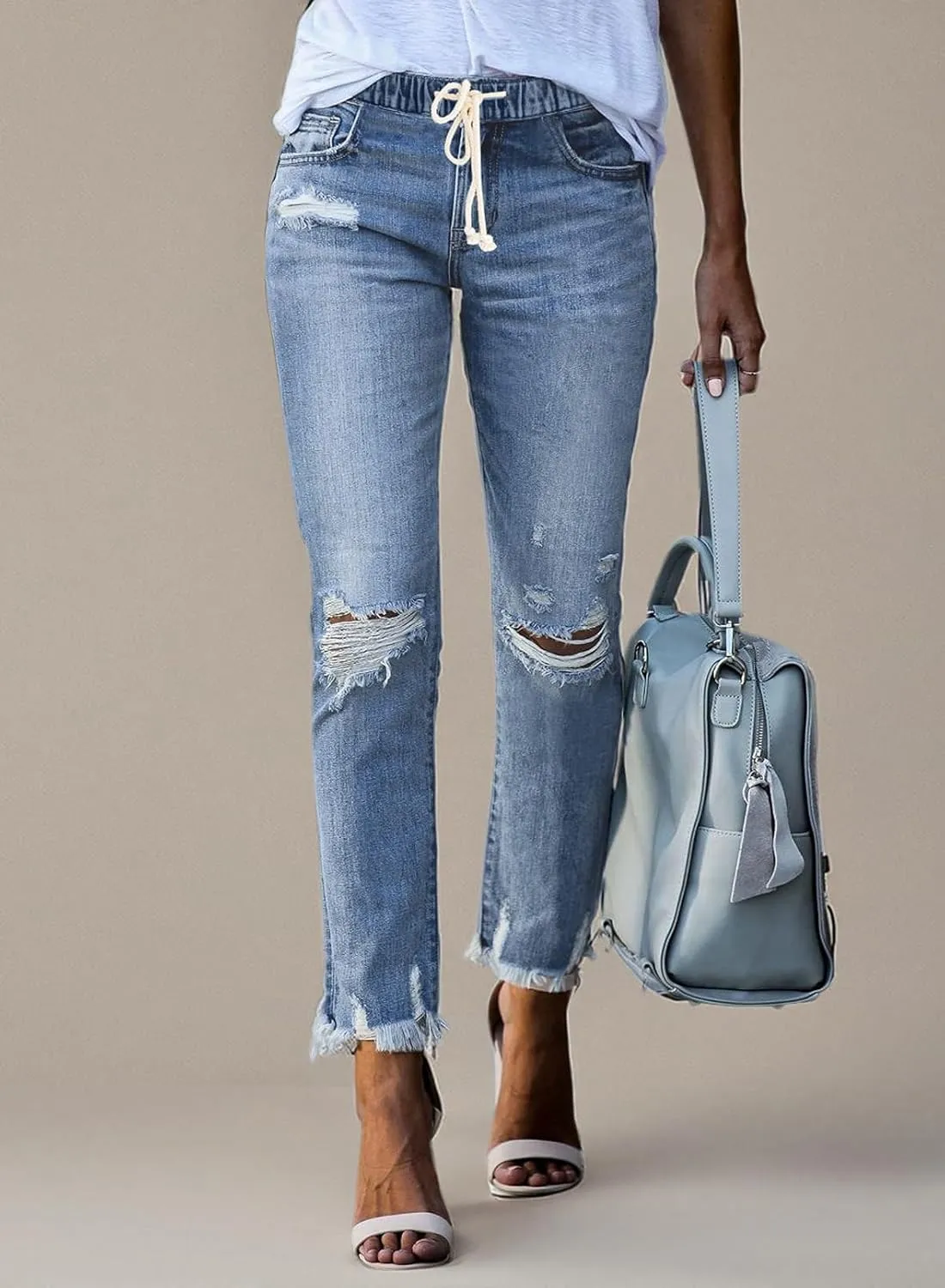 Sidefeel Women’s Cargo Jeans High Waisted Ripped Denim Joggers Elastic Drawstring Waist Pants Pull On Trousers
