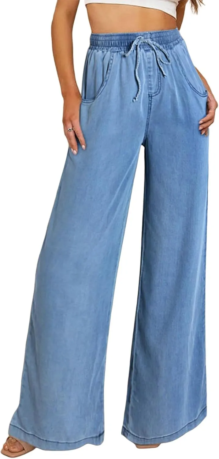 Sidefeel Women's Drawstring Wide Leg Jeans High Waisted Loose Fit Denim Pants