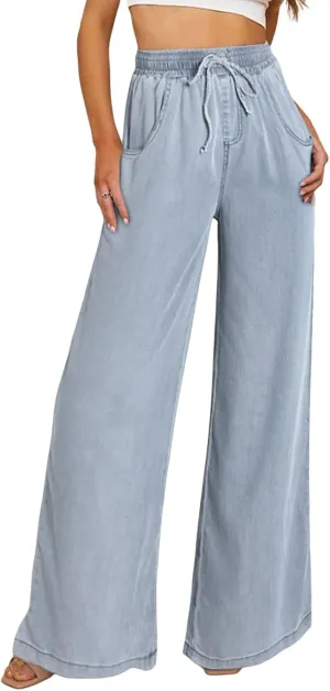 Sidefeel Women's Drawstring Wide Leg Jeans High Waisted Loose Fit Denim Pants
