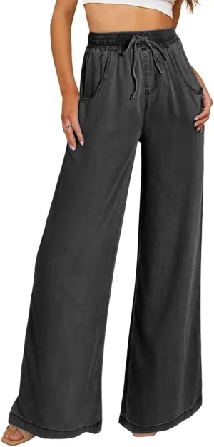 Sidefeel Women's Drawstring Wide Leg Jeans High Waisted Loose Fit Denim Pants