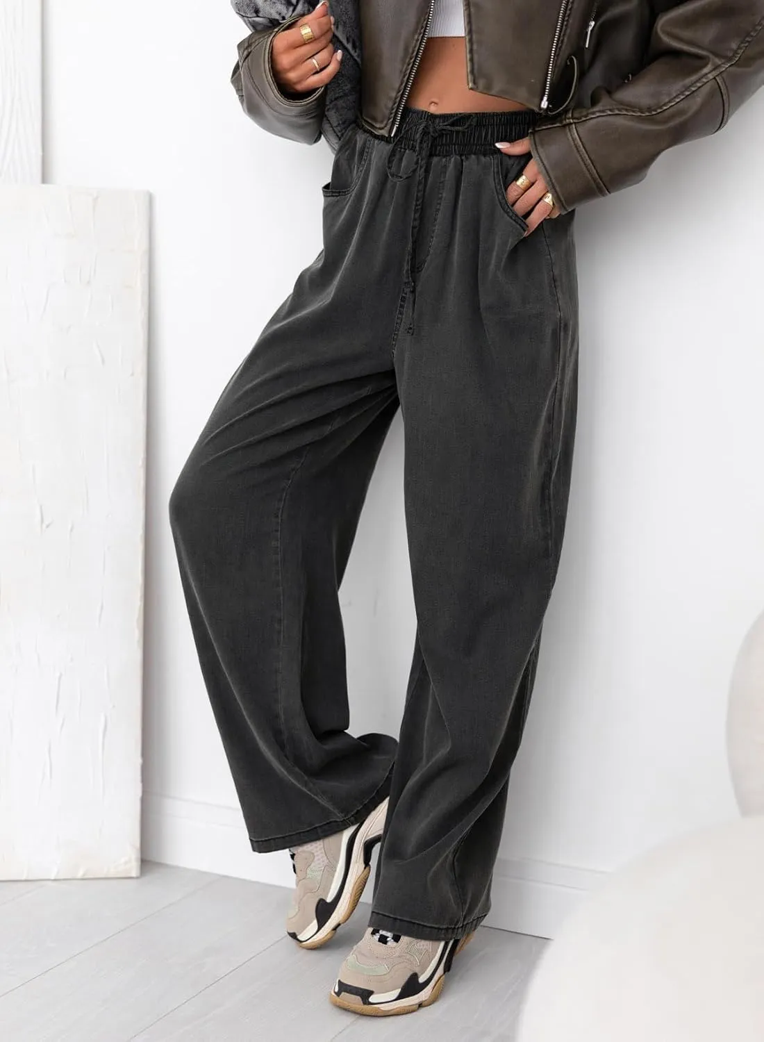 Sidefeel Women's Drawstring Wide Leg Jeans High Waisted Loose Fit Denim Pants