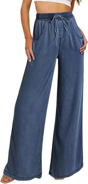 Sidefeel Women's Drawstring Wide Leg Jeans High Waisted Loose Fit Denim Pants