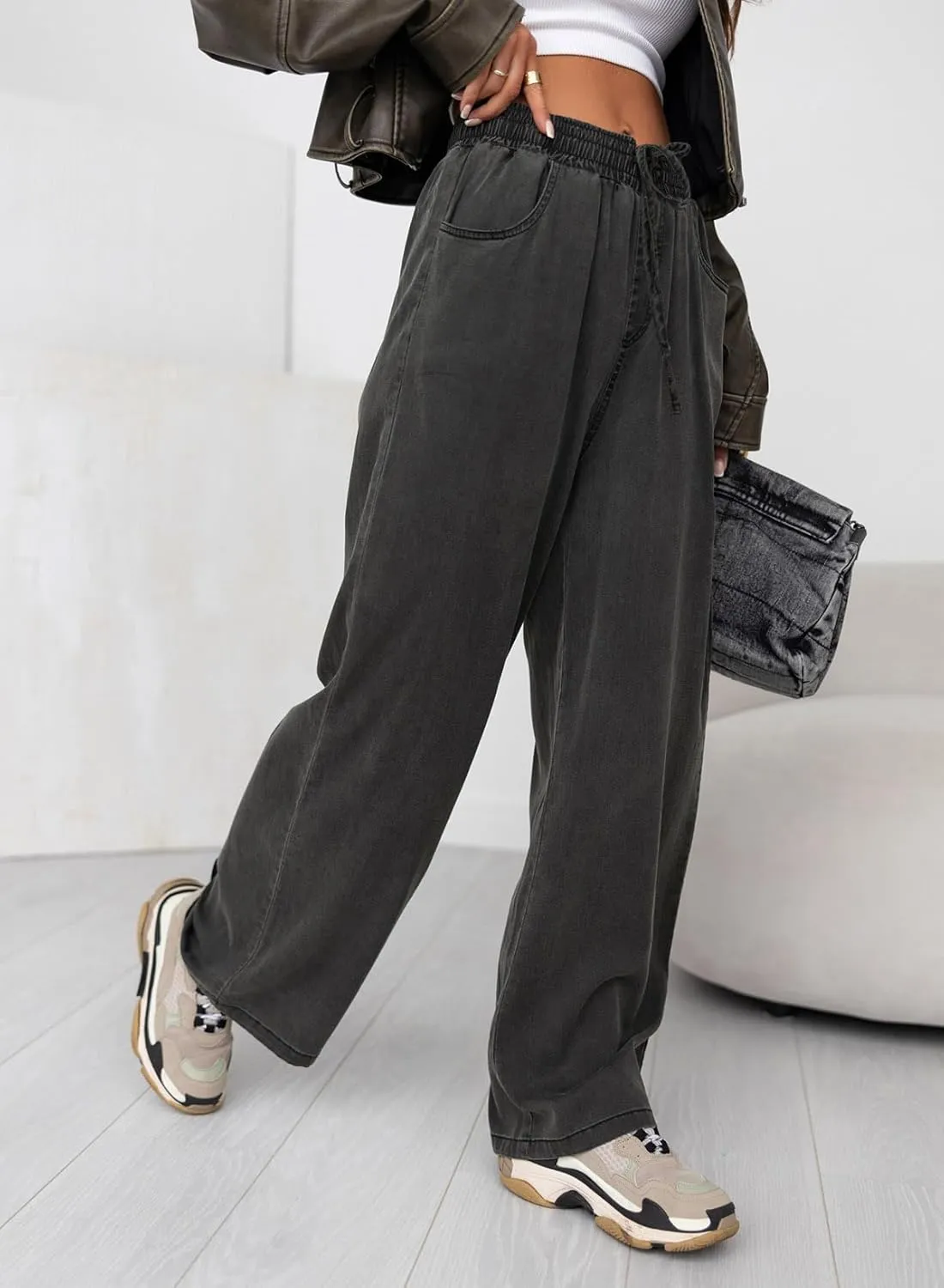 Sidefeel Women's Drawstring Wide Leg Jeans High Waisted Loose Fit Denim Pants