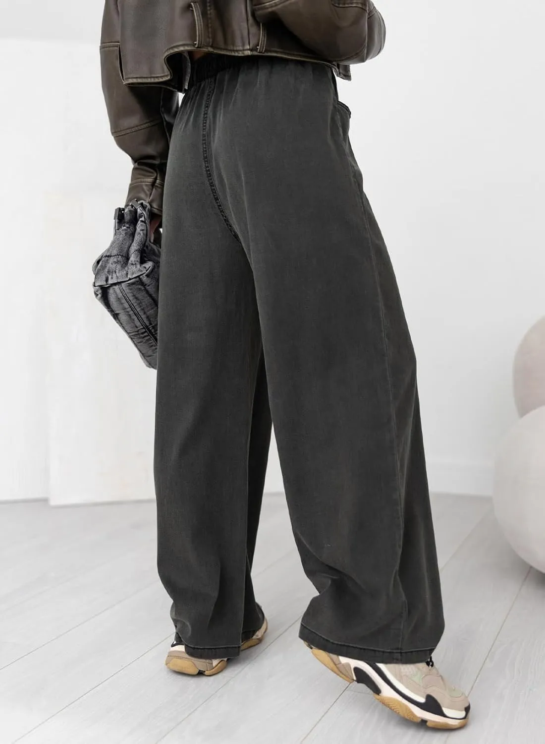 Sidefeel Women's Drawstring Wide Leg Jeans High Waisted Loose Fit Denim Pants