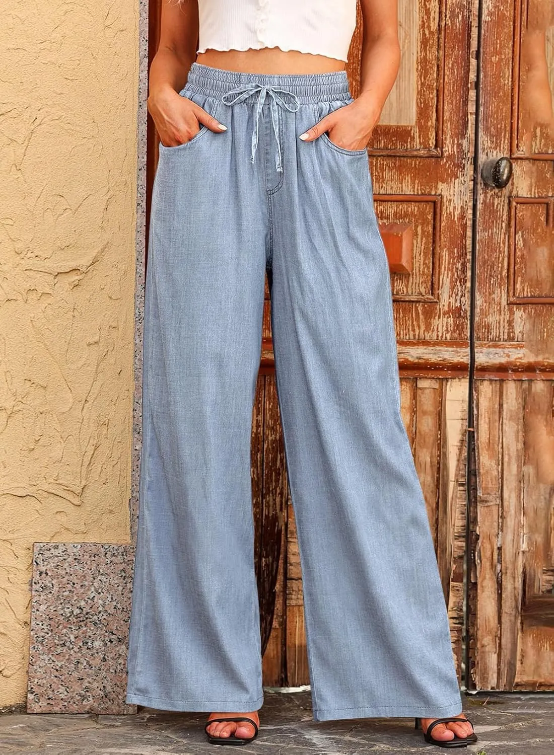 Sidefeel Women's Drawstring Wide Leg Jeans High Waisted Loose Fit Denim Pants