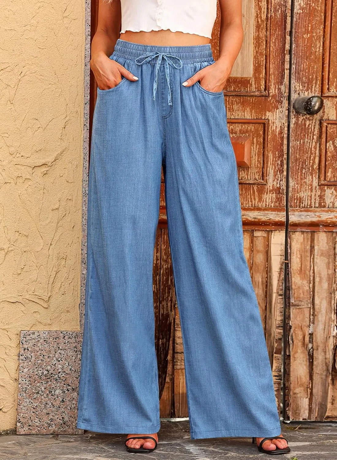 Sidefeel Women's Drawstring Wide Leg Jeans High Waisted Loose Fit Denim Pants