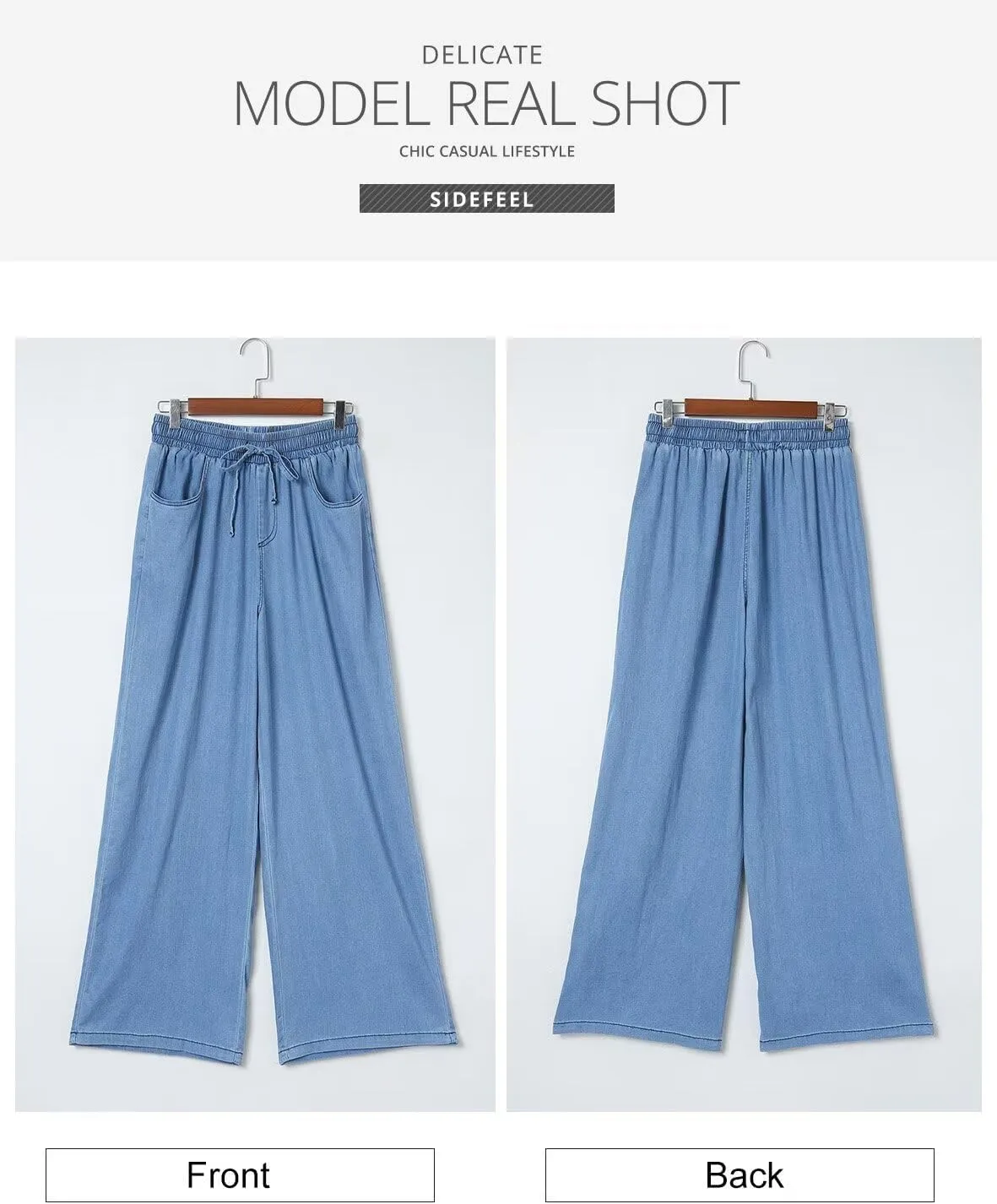 Sidefeel Women's Drawstring Wide Leg Jeans High Waisted Loose Fit Denim Pants