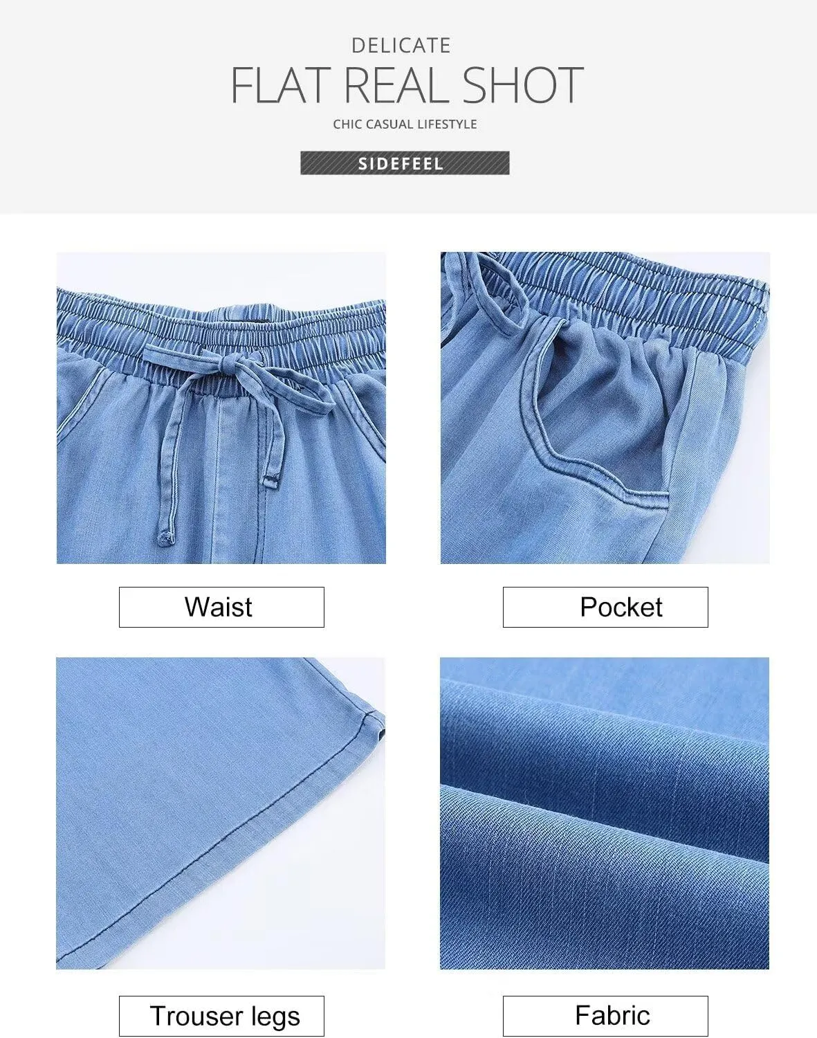 Sidefeel Women's Drawstring Wide Leg Jeans High Waisted Loose Fit Denim Pants
