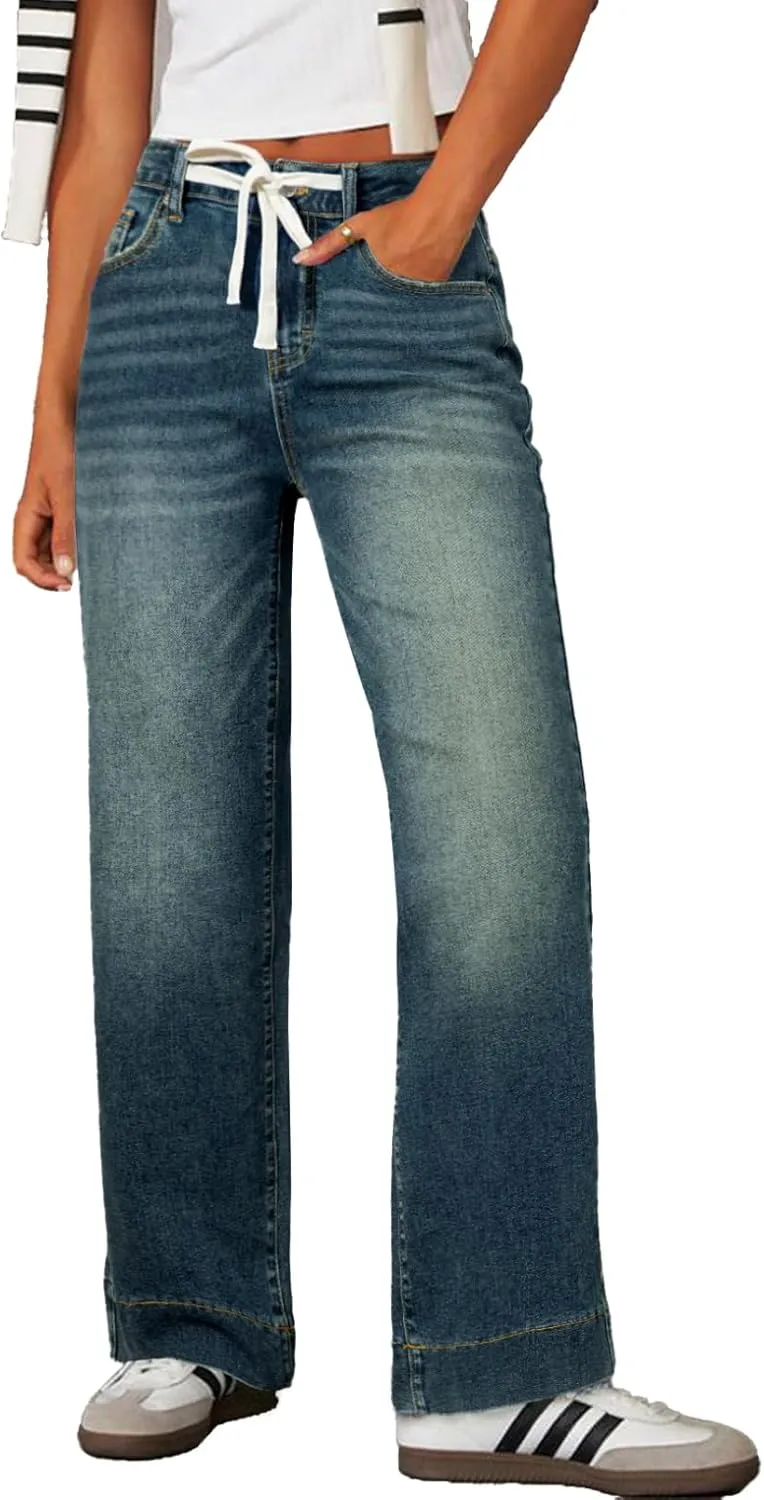 Sidefeel Women's Wide Leg Jeans High Waisted Stretchy Straight Leg Baggy Drawstring Zimbaplatinum Denim Pants
