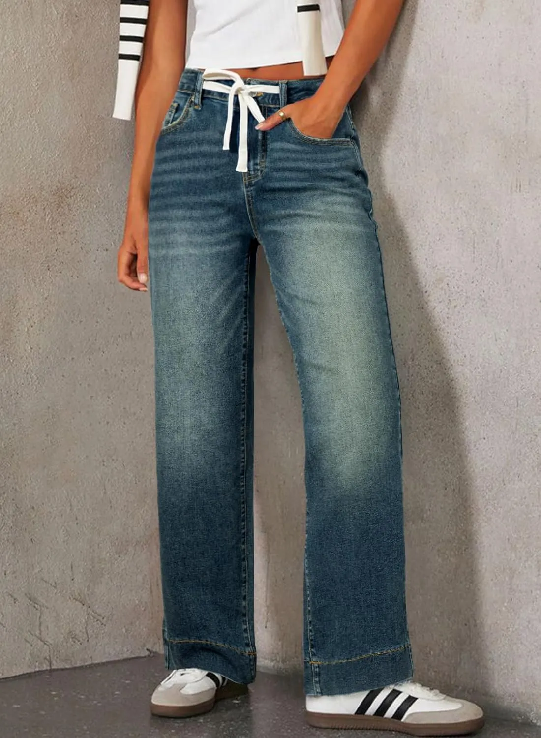 Sidefeel Women's Wide Leg Jeans High Waisted Stretchy Straight Leg Baggy Drawstring Zimbaplatinum Denim Pants