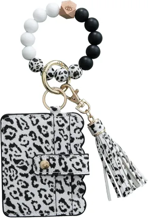 Silicone Wood Beaded Tassel Bracelet Wristlet Bangle Keychain Key Ring With Card Holder Wallet Purse