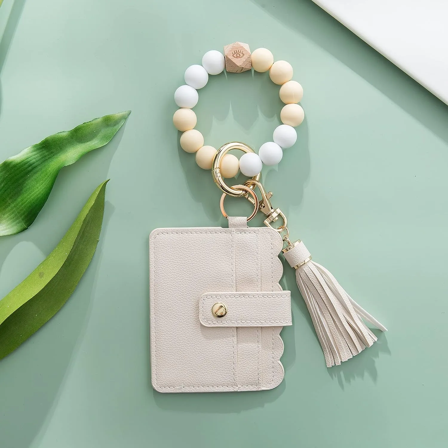 Silicone Wood Beaded Tassel Bracelet Wristlet Bangle Keychain Key Ring With Card Holder Wallet Purse