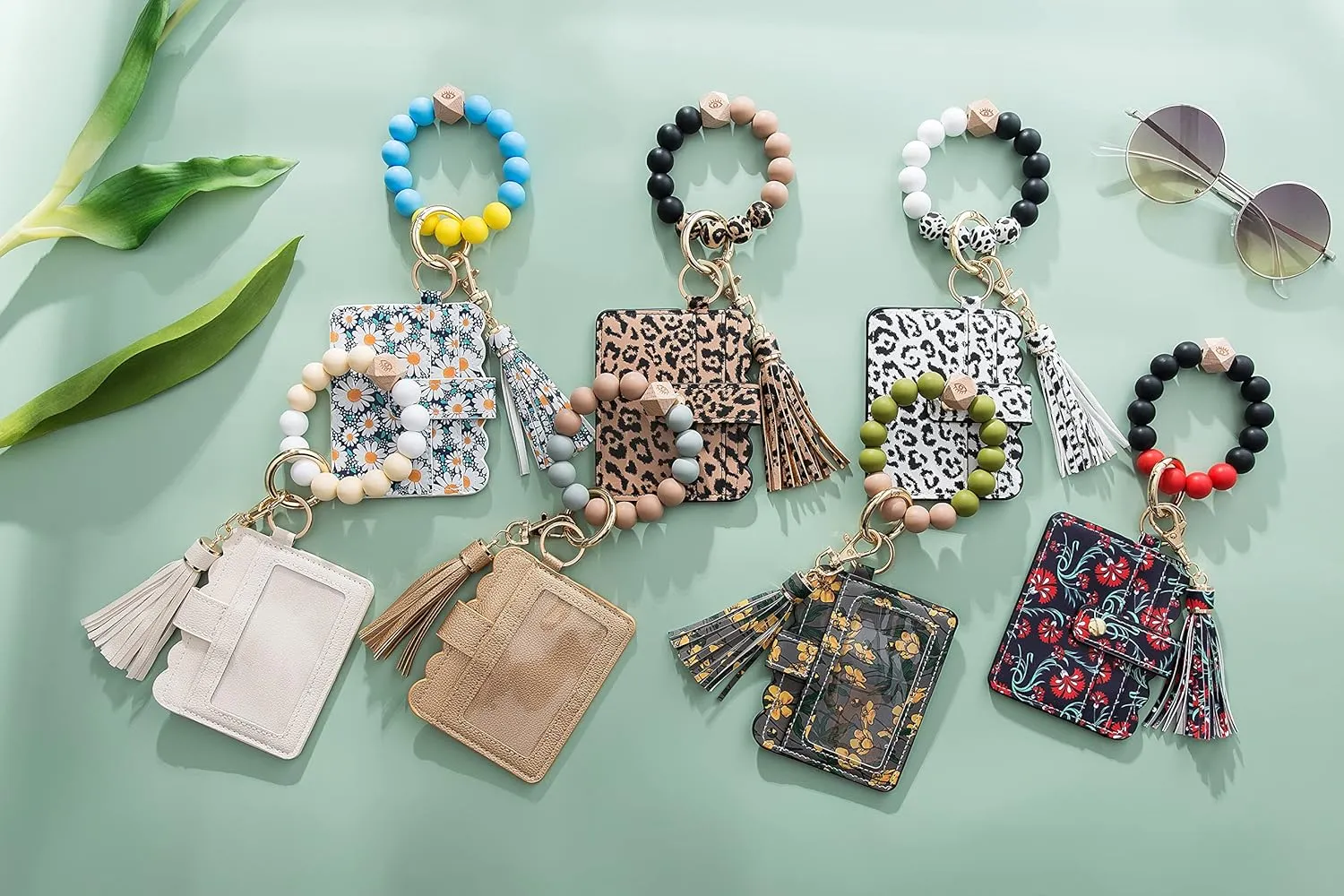 Silicone Wood Beaded Tassel Bracelet Wristlet Bangle Keychain Key Ring With Card Holder Wallet Purse