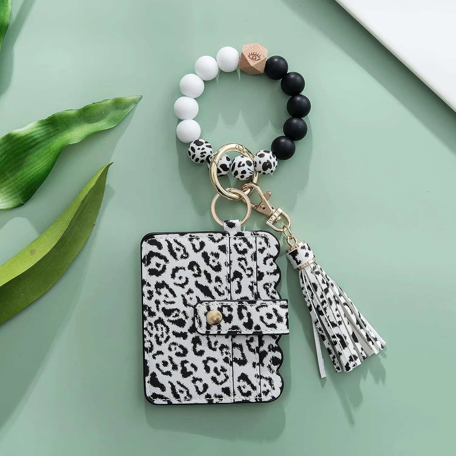 Silicone Wood Beaded Tassel Bracelet Wristlet Bangle Keychain Key Ring With Card Holder Wallet Purse