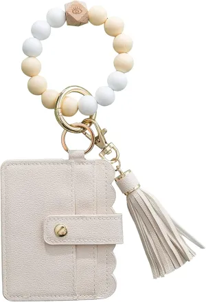 Silicone Wood Beaded Tassel Bracelet Wristlet Bangle Keychain Key Ring With Card Holder Wallet Purse