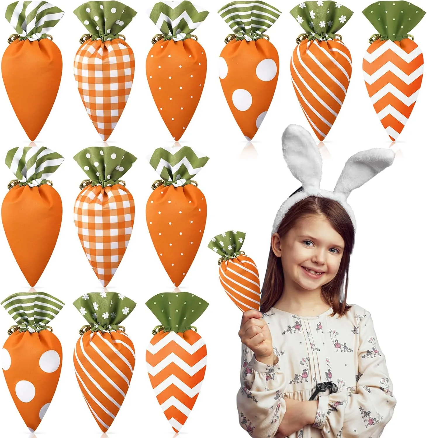 SilTriangle 24 Pcs Easter Goodie Bags Carrot Shaped Treat Bags Bulk Easter Basket Stuffers Fabric Drawstring Candy Gift Bags Egg Hunt Outdoor Party Supplies for Kid Party