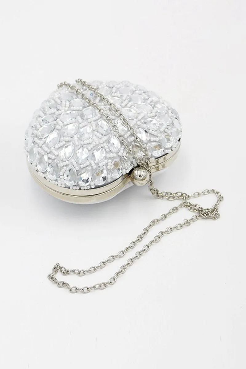 Silver Beaded Heart Shaped Party Clutch