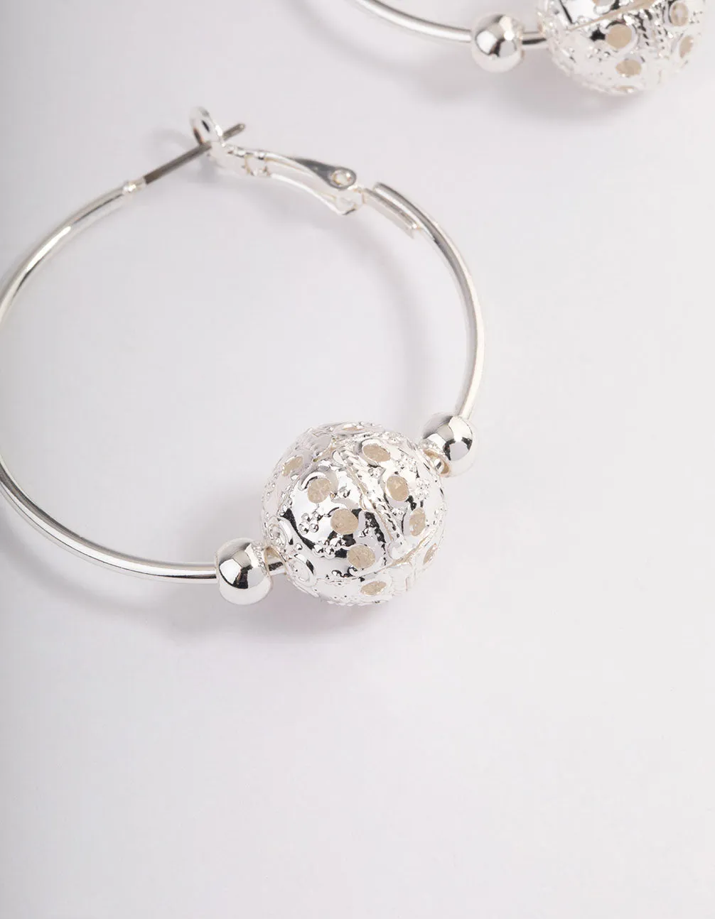 Silver Filigree Ball Big Beaded Hoop Earrings