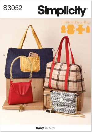 Simplicity SS3052OS Tailored Bags Sewing Pattern Packet, Design Code S3052, One Size, Multicolor