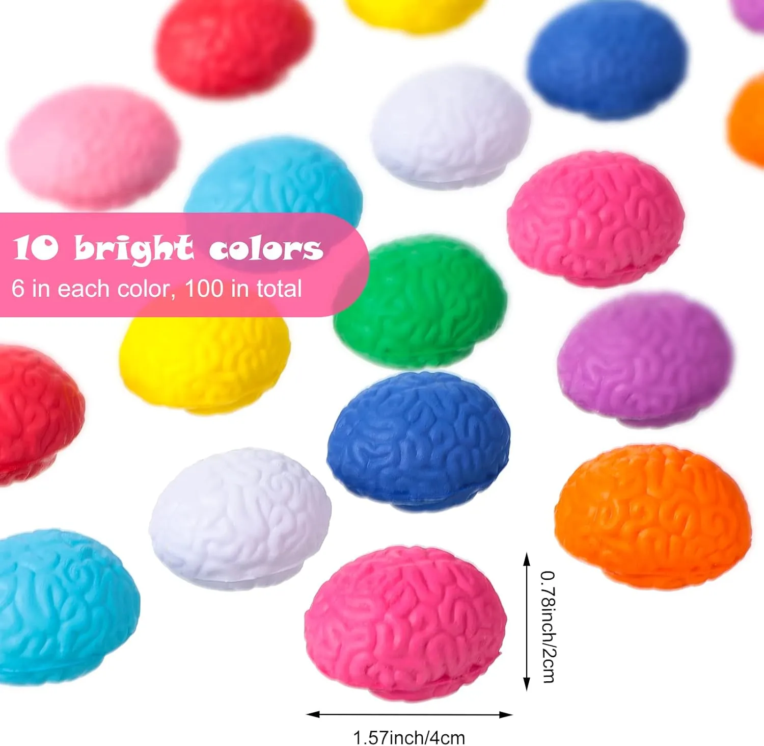 Skylety 100 Pcs Brain Stress Ball Halloween Funny Toy PU Hand Muscle Exercise Pressure Ball 10 Colors Brain Shaped Ball for Teens Adults Improving Grip Strength Object Recognition Prop(Mini)