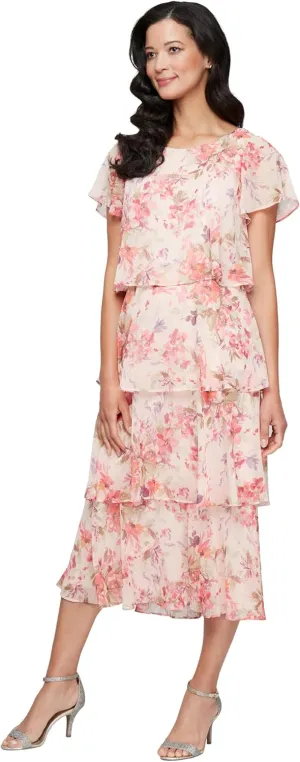S.L. Fashions Women's Floral Tiered Spring/Summer Wedding Guest, Cocktail Dress, Special Occasion (Plus Size)