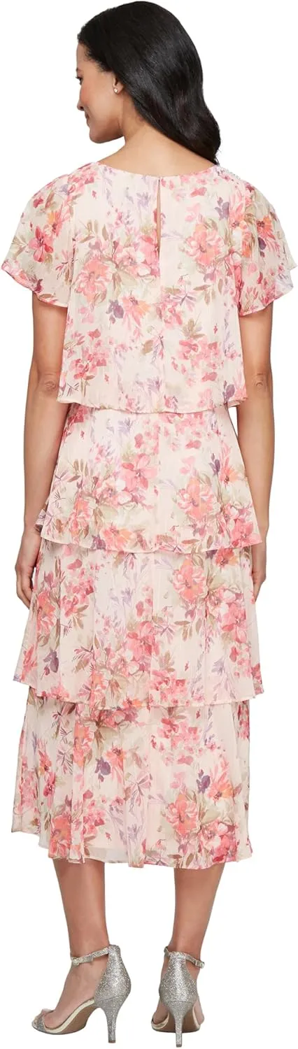 S.L. Fashions Women's Floral Tiered Spring/Summer Wedding Guest, Cocktail Dress, Special Occasion (Plus Size)