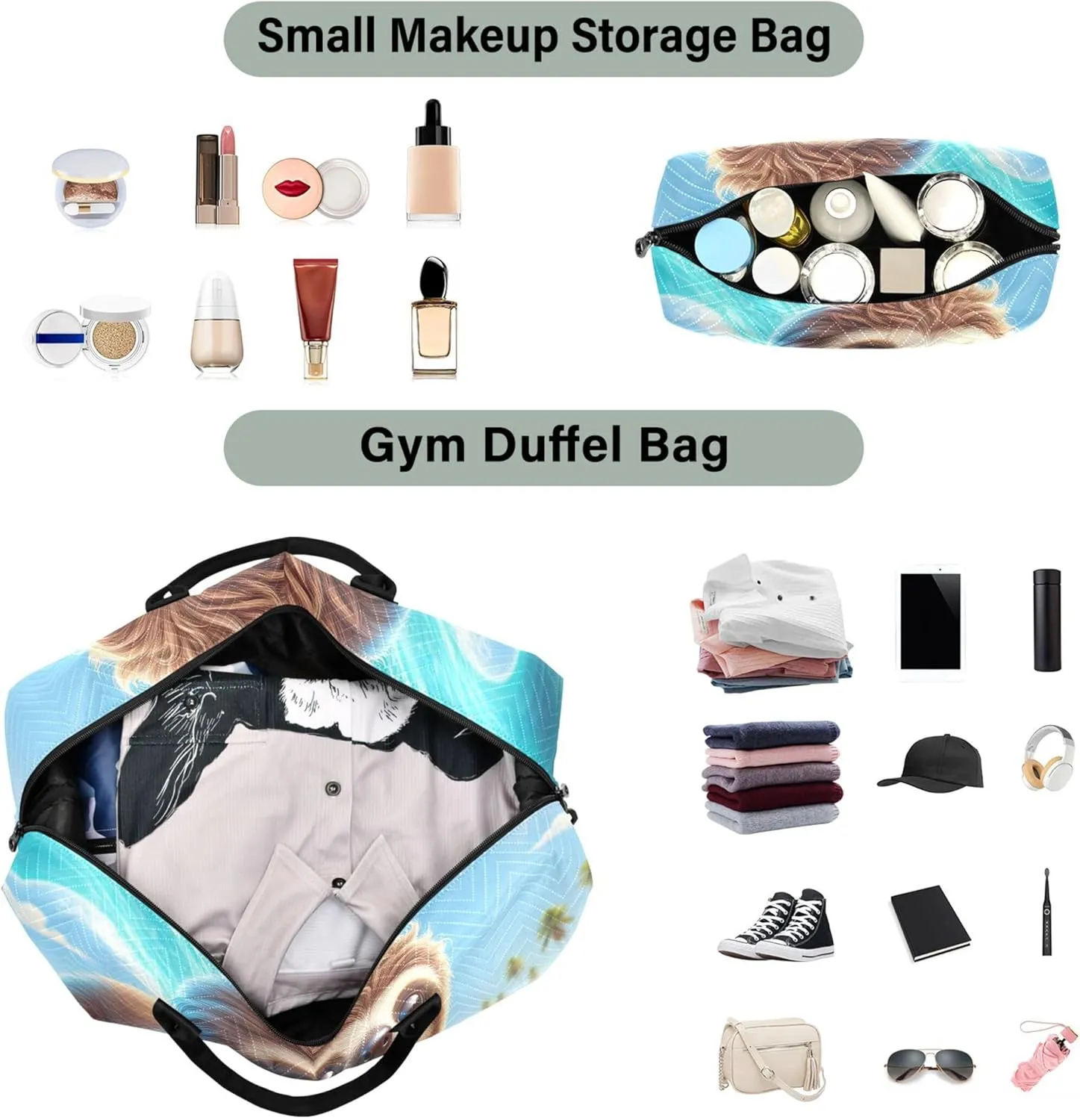 Sloth Surfing Cute Travel Duffel Bag Make up Bags Set of 2, Animal Womens Luggage Set of 2 Weekend Bag Duffel