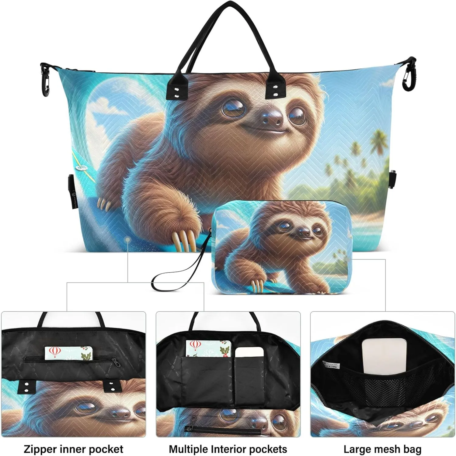 Sloth Surfing Cute Travel Duffel Bag Make up Bags Set of 2, Animal Womens Luggage Set of 2 Weekend Bag Duffel