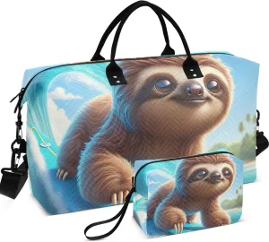 Sloth Surfing Cute Travel Duffel Bag Make up Bags Set of 2, Animal Womens Luggage Set of 2 Weekend Bag Duffel