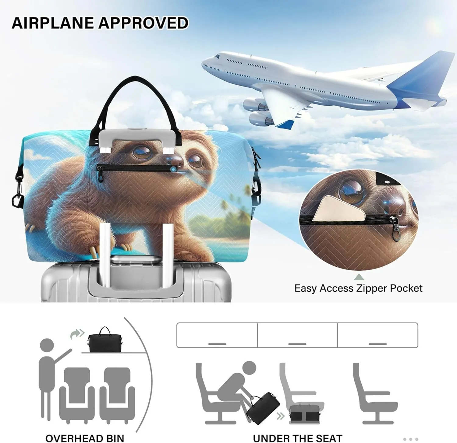 Sloth Surfing Cute Travel Duffel Bag Make up Bags Set of 2, Animal Womens Luggage Set of 2 Weekend Bag Duffel