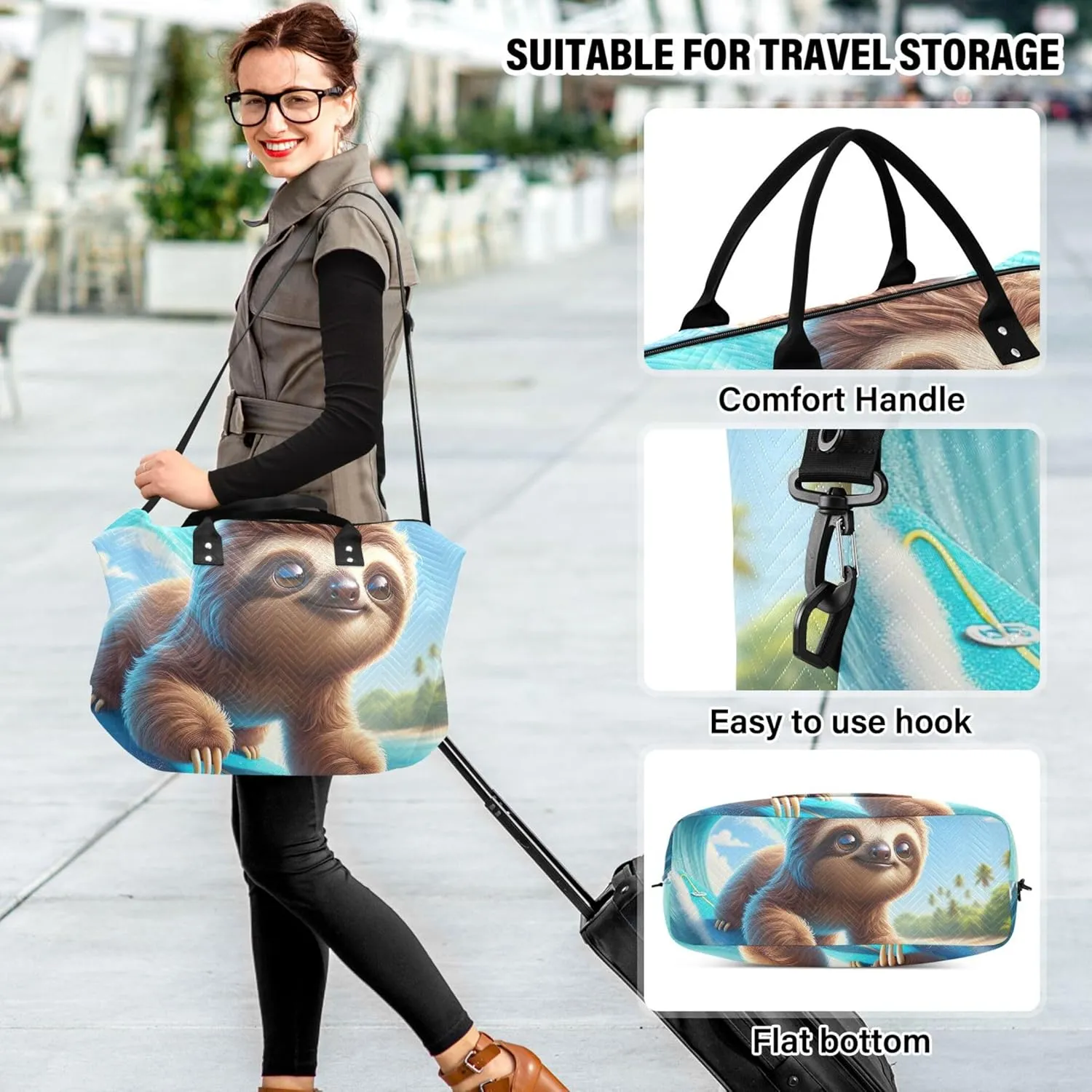 Sloth Surfing Cute Travel Duffel Bag Make up Bags Set of 2, Animal Womens Luggage Set of 2 Weekend Bag Duffel