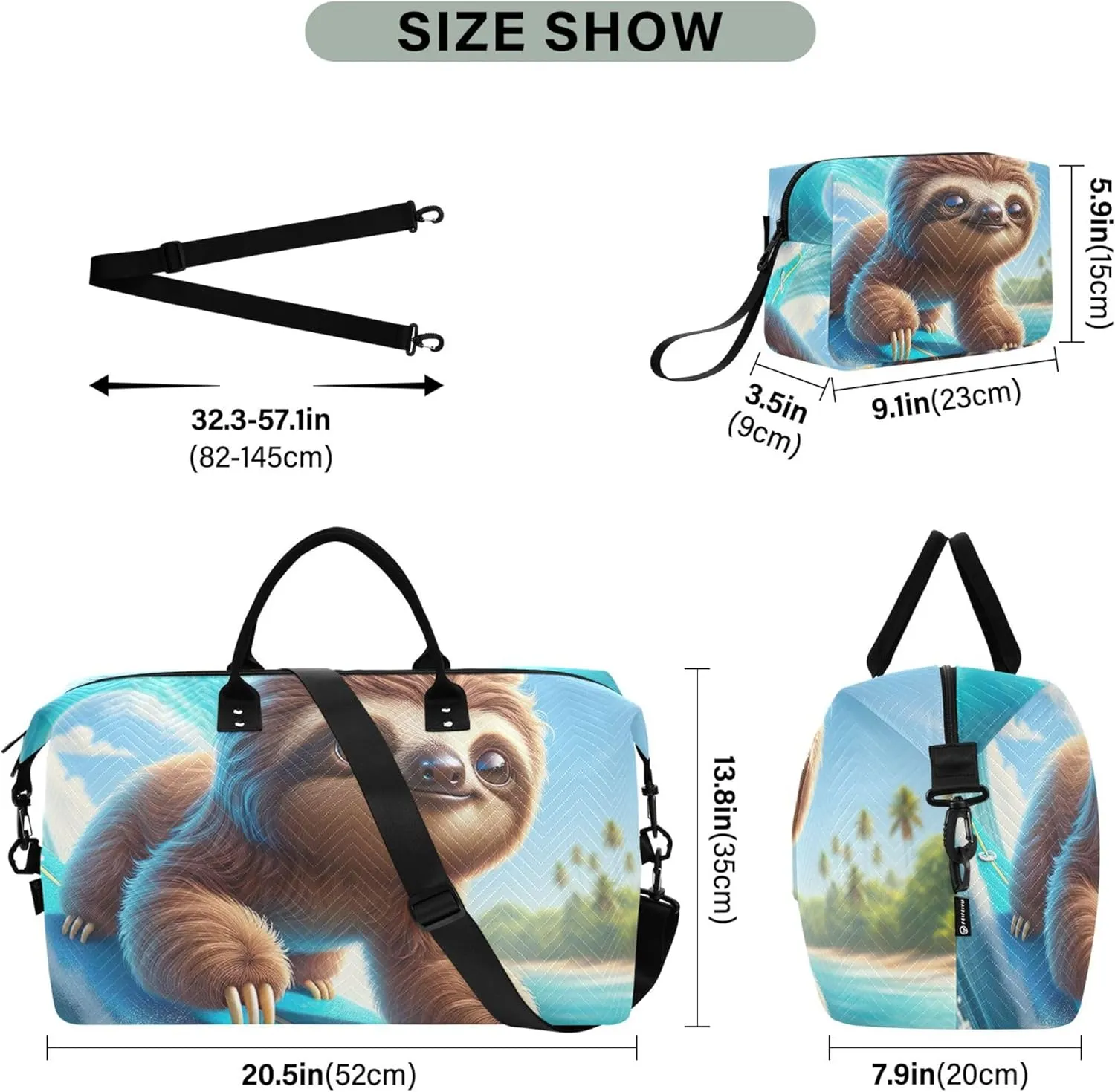 Sloth Surfing Cute Travel Duffel Bag Make up Bags Set of 2, Animal Womens Luggage Set of 2 Weekend Bag Duffel