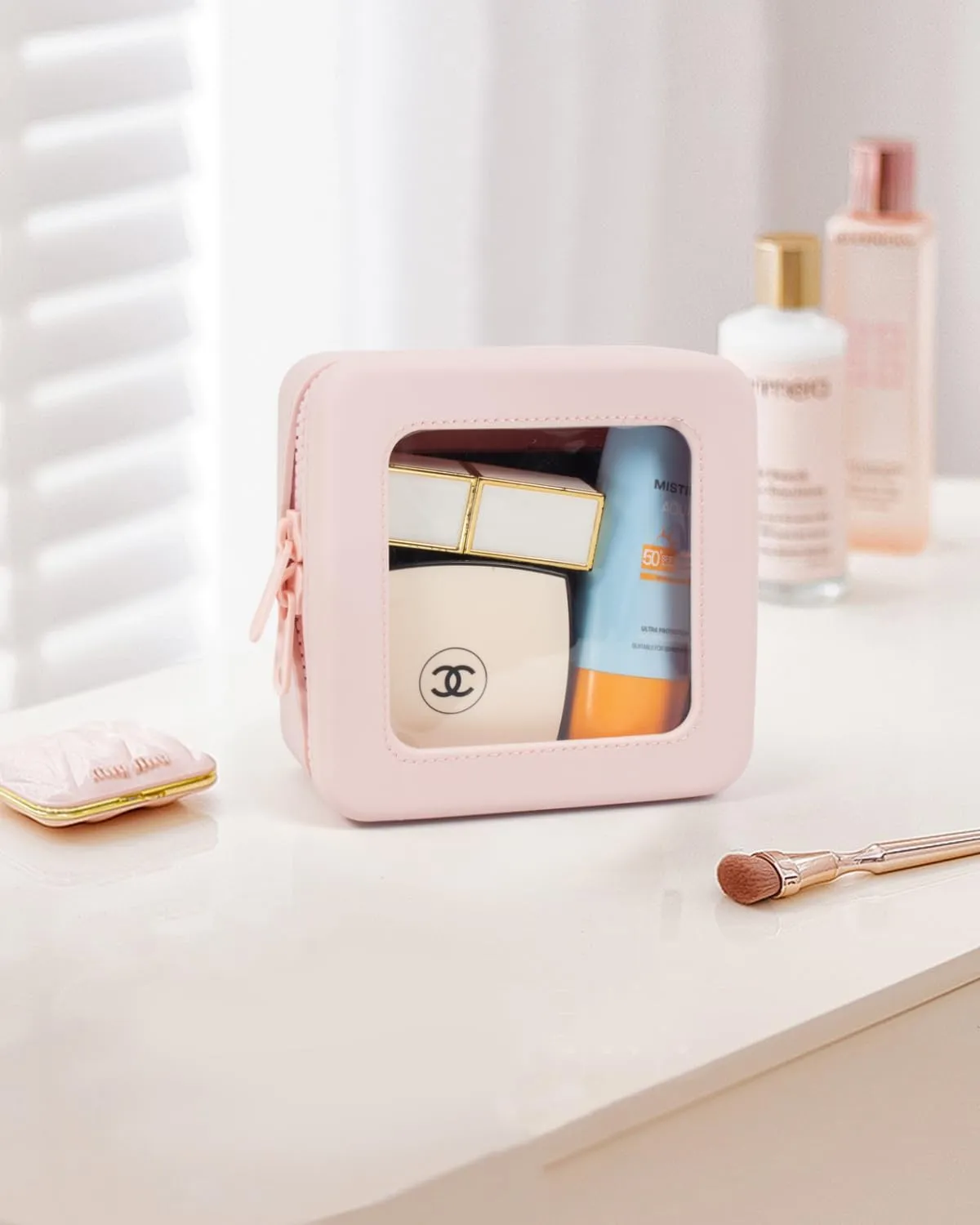 Small Clear Makeup Bag for Women, Mini Silicone Travel Cosmetic Case Waterproof Clear Make Up Pouch Purse with Zipper Cute Toiletry Bags for Traveling Car Organizer Mini Travel Essentials (Pink)