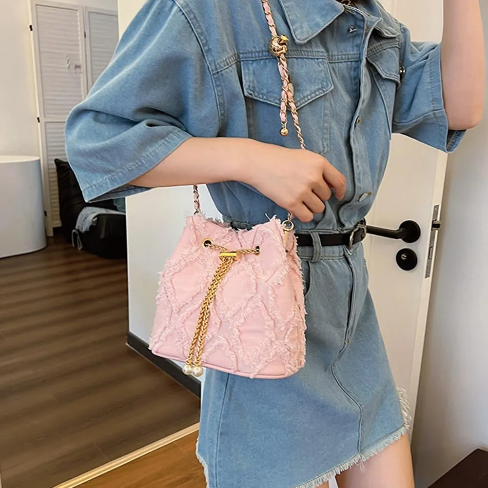 Small Denim Bucket Bag, Jean Purses for Women Denim Crossbody Bags Hobo Bag Drawstring Handbag