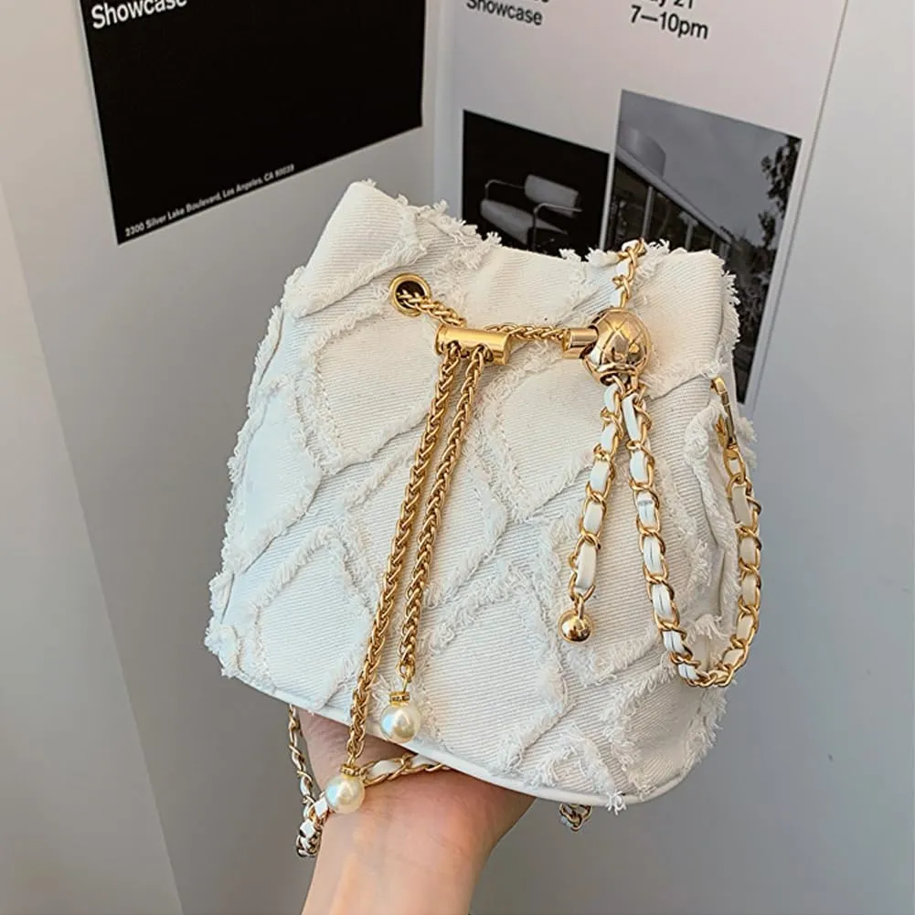 Small Denim Bucket Bag, Jean Purses for Women Denim Crossbody Bags Hobo Bag Drawstring Handbag