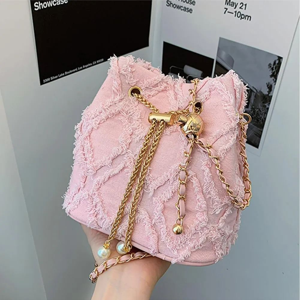 Small Denim Bucket Bag, Jean Purses for Women Denim Crossbody Bags Hobo Bag Drawstring Handbag
