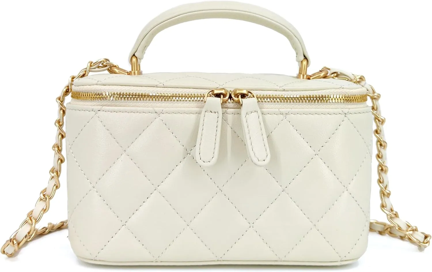 Small Genuine Leather Purse Quilted Crossbody Bag for Women, Mini Top-Handle Shoulder Handbag w/Gold Chain Strap