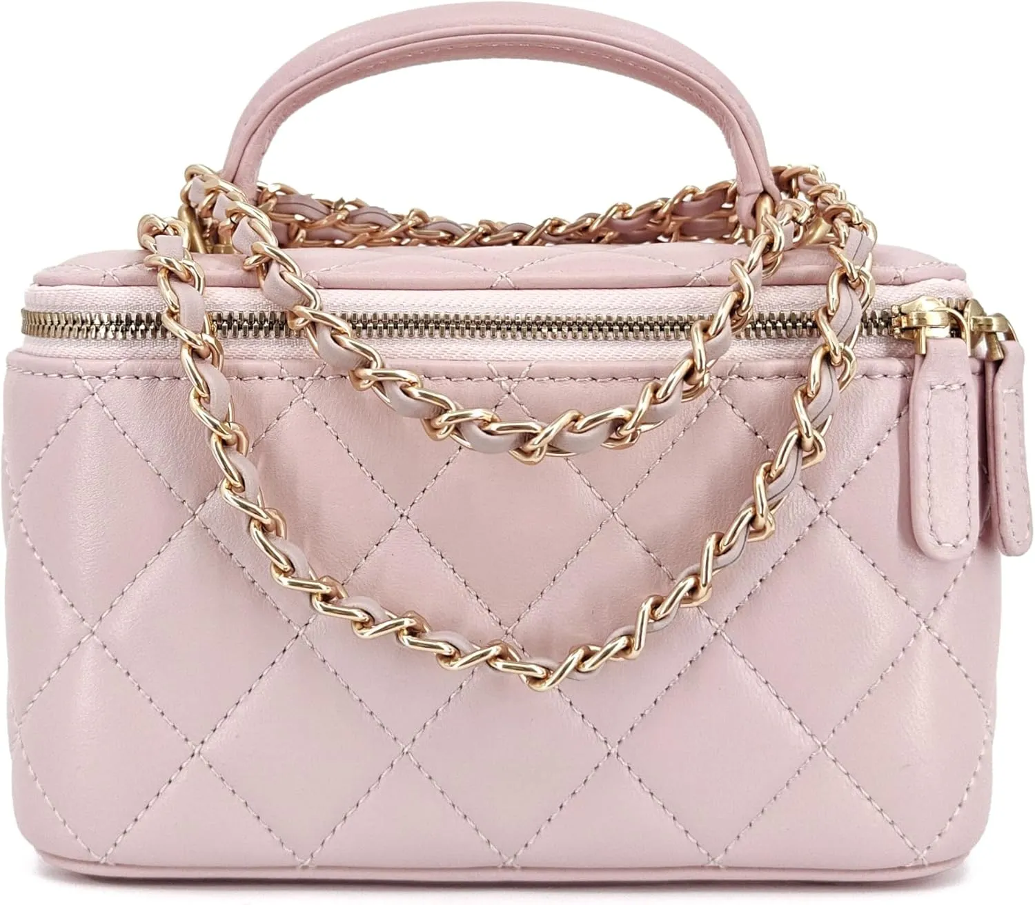 Small Genuine Leather Purse Quilted Crossbody Bag for Women, Mini Top-Handle Shoulder Handbag w/Gold Chain Strap