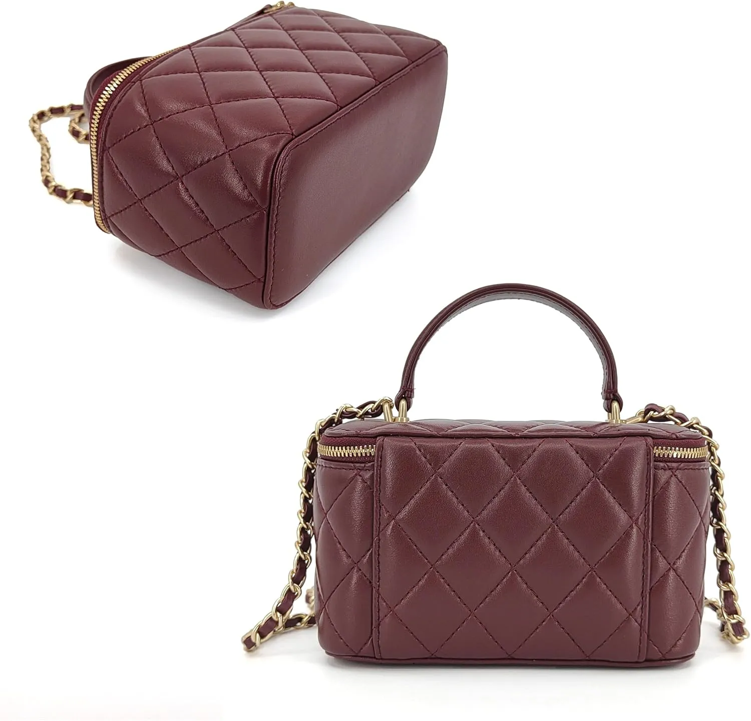 Small Genuine Leather Purse Quilted Crossbody Bag for Women, Mini Top-Handle Shoulder Handbag w/Gold Chain Strap