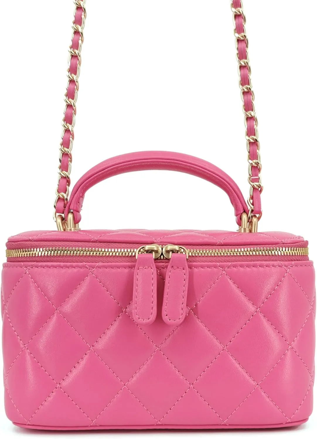 Small Genuine Leather Purse Quilted Crossbody Bag for Women, Mini Top-Handle Shoulder Handbag w/Gold Chain Strap
