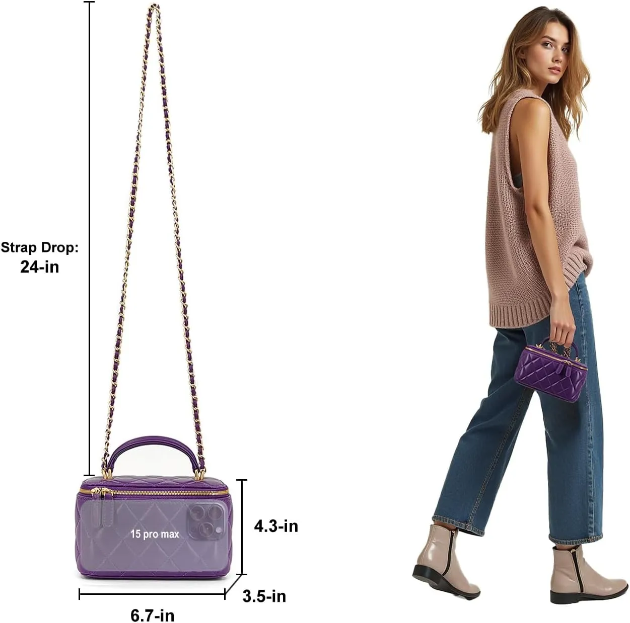 Small Genuine Leather Purse Quilted Crossbody Bag for Women, Mini Top-Handle Shoulder Handbag w/Gold Chain Strap
