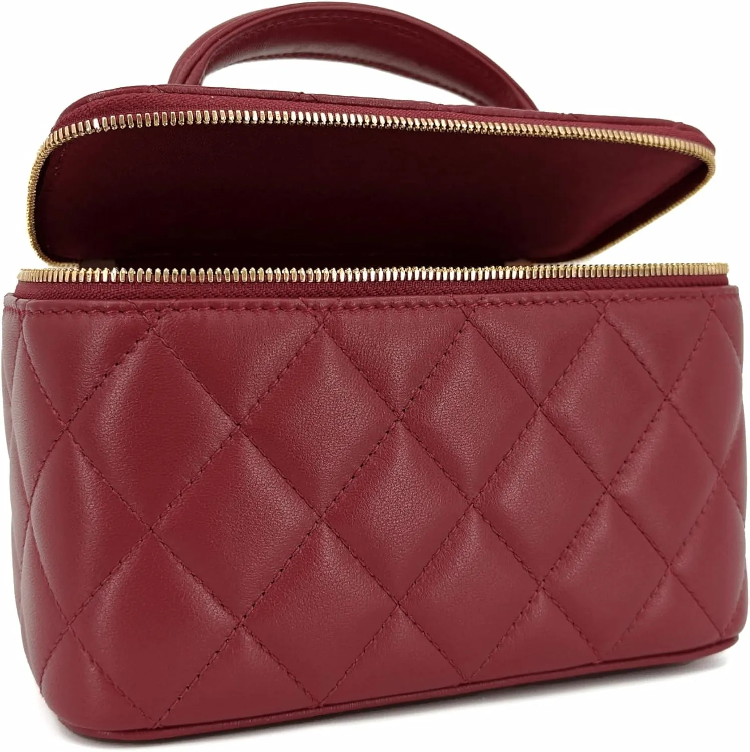 Small Genuine Leather Purse Quilted Crossbody Bag for Women, Mini Top-Handle Shoulder Handbag w/Gold Chain Strap