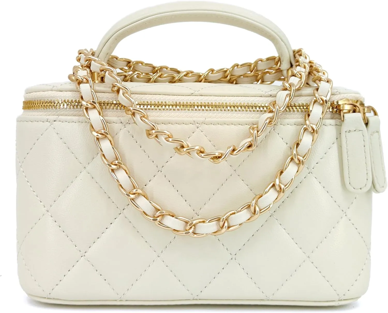 Small Genuine Leather Purse Quilted Crossbody Bag for Women, Mini Top-Handle Shoulder Handbag w/Gold Chain Strap